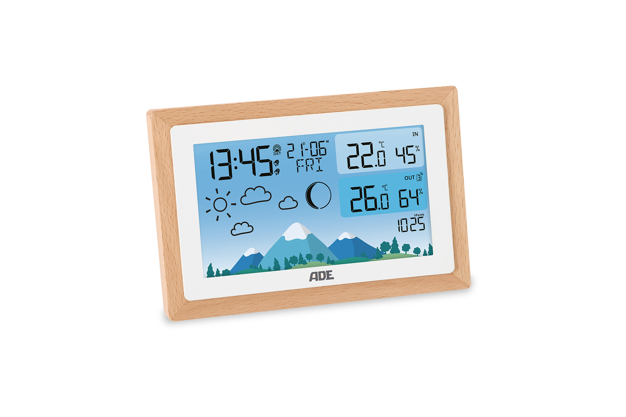ADE Wetterstation mit Funk-Außensensor & Echtholzrahmen